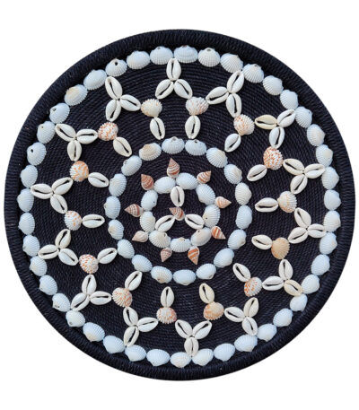 Handmade Mandala Wall Hanging Made of Cowrie Shells, Sea Shells, and Conch on Black Cotton Rope Base