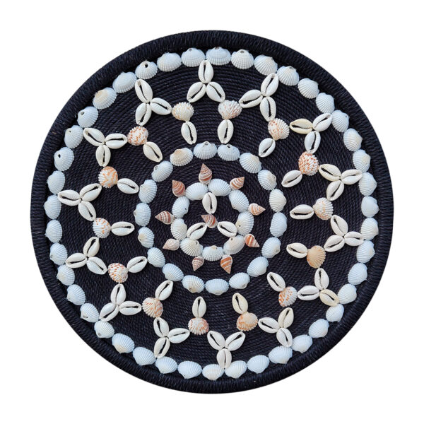 Handmade Mandala Wall Hanging Made of Cowrie Shells, Sea Shells, and Conch on Black Cotton Rope Base
