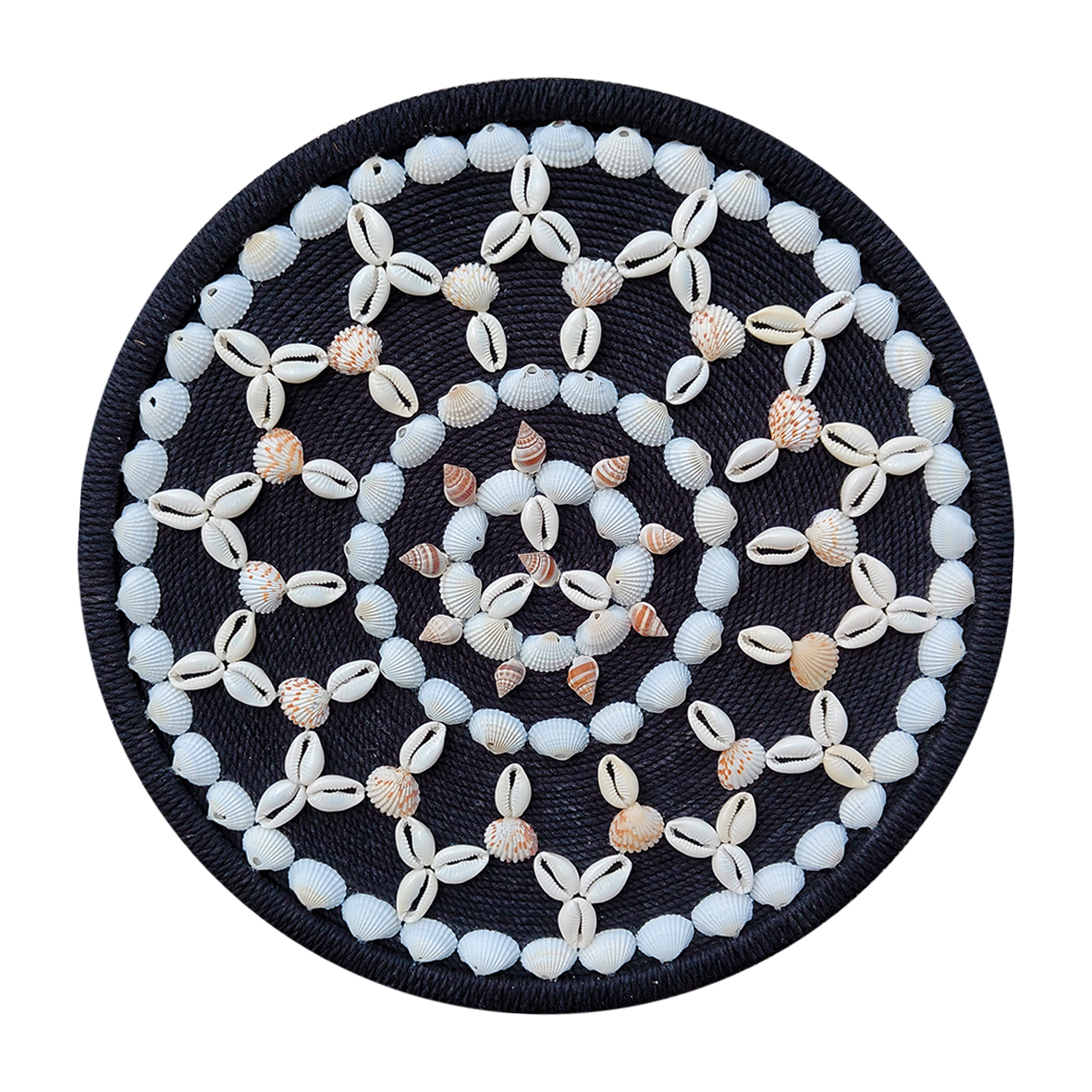 Handmade Mandala Wall Hanging Made of Cowrie Shells, Sea Shells, and Conch on Black Cotton Rope Base