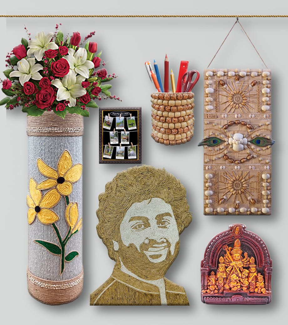 Handcrafted gift items including rope portrait, flower vase, pencil holder, wall hanging, shell art, and Ganesh decor from Upahar18