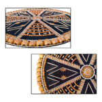 Dual close-up views of the “Dhono Dhanno” handcrafted wall hanging, highlighting its intricate mandala design made with lentils, paddy seeds, toothpicks, and wooden beads on a black cotton rope base with MDF backing.
