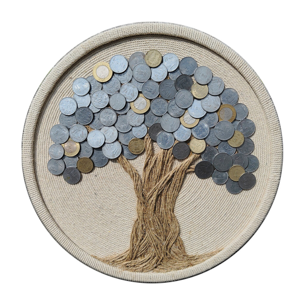 Handcrafted coin tree wall art made with real Indian coins and natural rope on a round canvas, designed by Upahar18