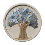 Handcrafted coin tree wall art made with real Indian coins and natural rope on a round canvas, designed by Upahar18