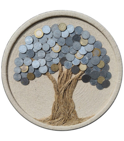 Handcrafted coin tree wall art made with real Indian coins and natural rope on a round canvas, designed by Upahar18