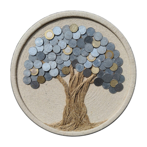 Handcrafted coin tree wall art made with real Indian coins and natural rope on a round canvas, designed by Upahar18