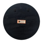 Backside of circular handcrafted wall art with twin mounting hooks and Upahar18 branding