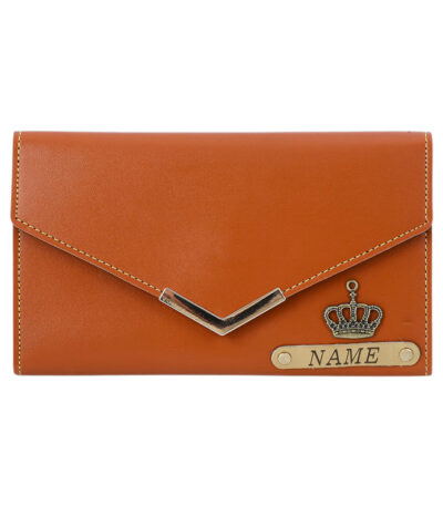 Personalized faux leather women’s wallet in Light Brown with name and charm engraved on the flap