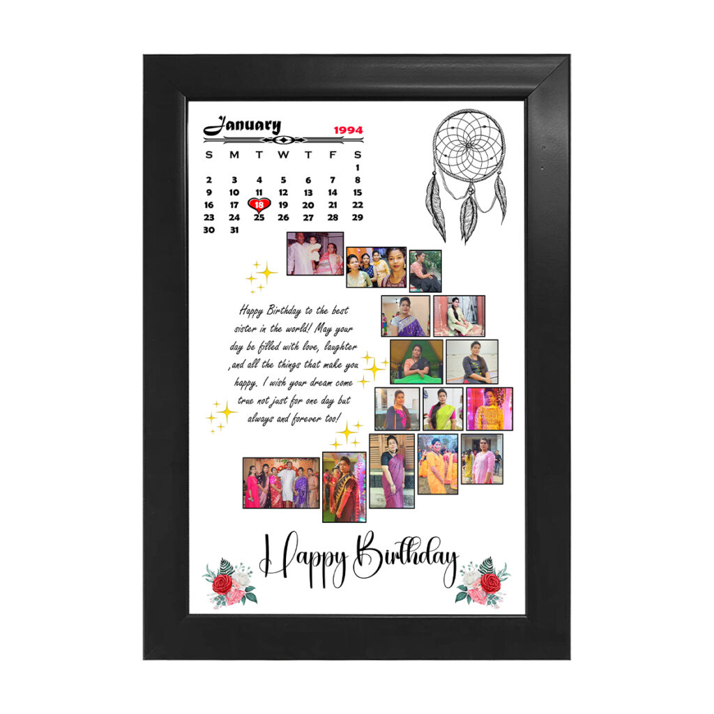 Personalized calendar photo collage wooden frame with birthday wishes and multiple memorable pictures