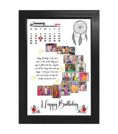A Personalized Calendar Photo Frame by Upahar18 featuring a white-themed collage with a custom birthday calendar and a dreamcatcher design in a Classic Frame.