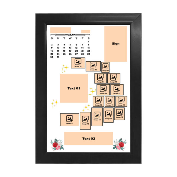 Customizable calendar photo collage wooden frame template with text, sign, and image placeholders