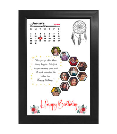 Personalized white calendar photo collage wooden frame with hexagonal pictures and birthday quote