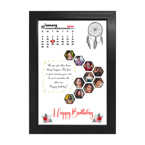 Personalized white calendar photo collage wooden frame with hexagonal pictures and birthday quote
