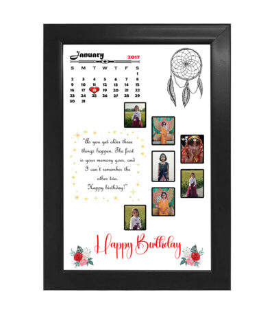 Customized birthday calendar photo collage wooden frame with white background and multiple photos