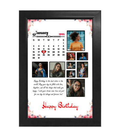 Custom black wooden frame with photo collage and birthday calendar