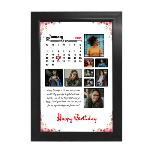 Custom black wooden frame with photo collage and birthday calendar