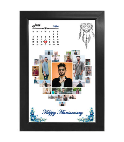 Personalized wooden classic calendar photo frame with heart-shaped collage design – custom anniversary or gift idea.