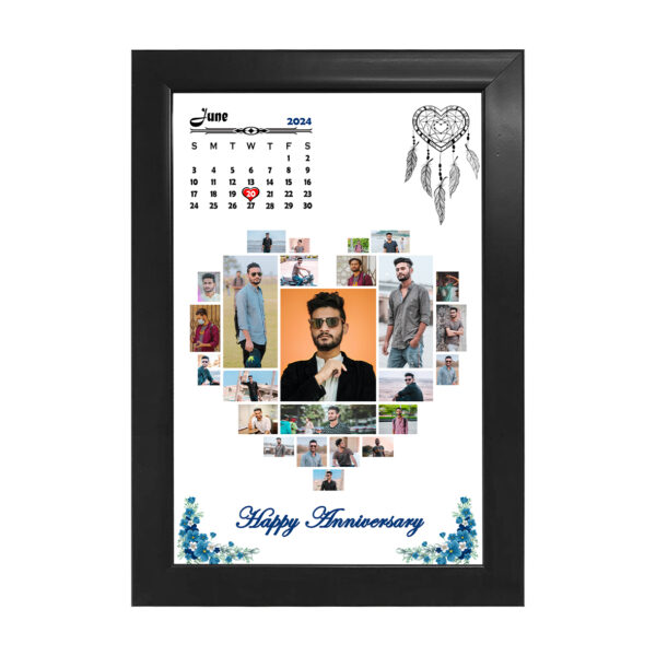 Personalized wooden classic calendar photo frame with heart-shaped collage design – custom anniversary or gift idea.