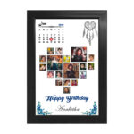 Personalized wooden birthday photo collage calendar frame with custom name, photos, and special date highlight.
