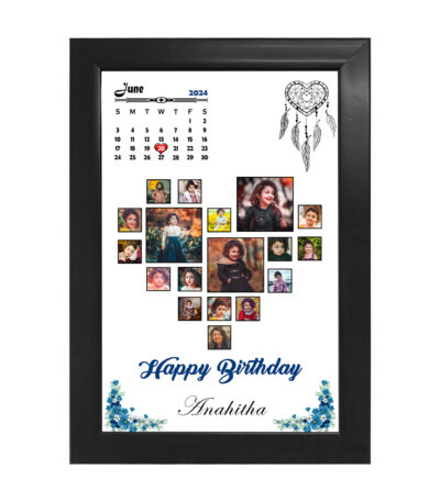 Personalized wooden birthday photo collage calendar frame with custom name, photos, and special date highlight.