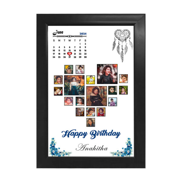Personalized wooden birthday photo collage calendar frame with custom name, photos, and special date highlight.