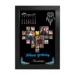 Customized wooden photo collage calendar frame with heart-shaped design, multiple pictures, and personalized details.