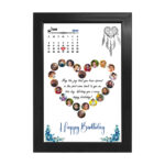 Personalized wooden photo collage calendar frame with white background, heart-shaped photo arrangement, birthday message, and custom highlighted date.