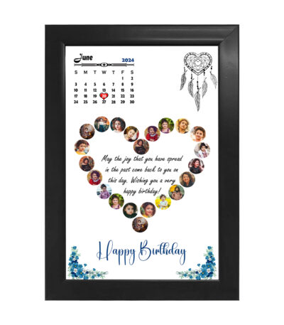 Personalized wooden photo collage calendar frame with white background, heart-shaped photo arrangement, birthday message, and custom highlighted date.