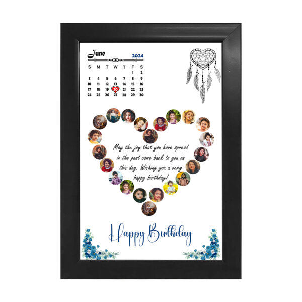Personalized wooden photo collage calendar frame with white background, heart-shaped photo arrangement, birthday message, and custom highlighted date.