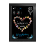 Personalized wooden heart-shaped photo collage calendar frame with birthday message, custom pictures, and highlighted date.