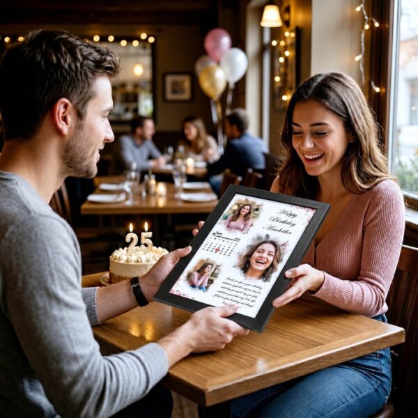 A man gifting a Personalized Calendar Photo Frame from Upahar18 to a woman at a birthday celebration table, showing a customized layout with photos and a specific date marked.