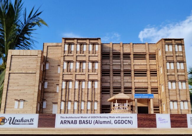 Toothpick architectural model of Government General Degree College, Nakashipara, handmade by Arnab Basu, Alumni of GGDCN.