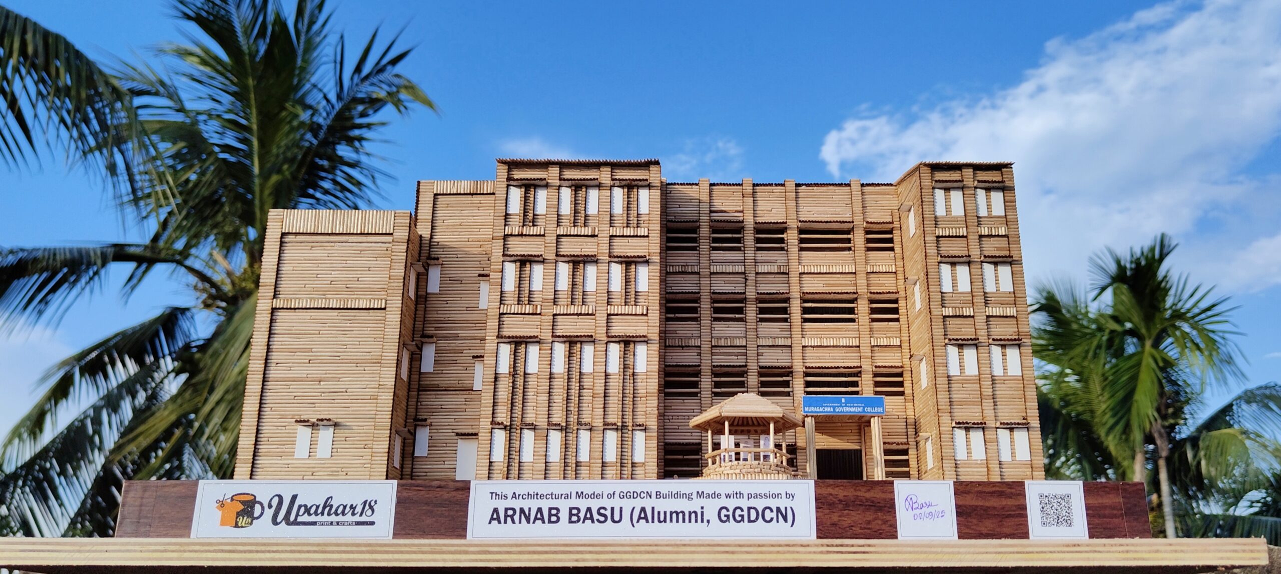 Toothpick architectural model of Government General Degree College, Nakashipara, handmade by Arnab Basu, Alumni of GGDCN.