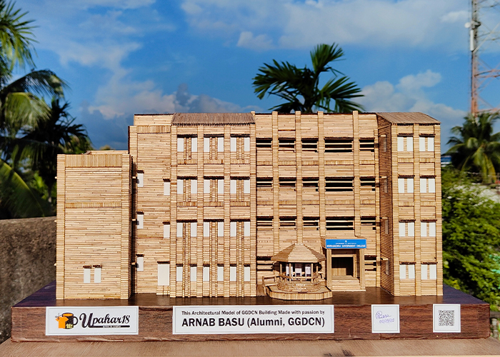 Full front view of Muragachha Government College toothpick model with detailed entrance and Monon Kunjo.
