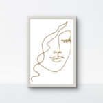 Minimalist woman face string art with light background and white frame by Upahar18.