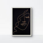 Minimalist female silhouette rope art with black background and white frame.