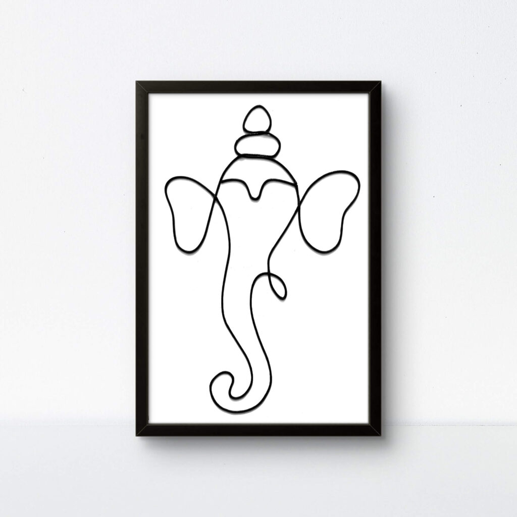 Ganesha handmade string art with a bold black frame and minimalist cotton rope design.