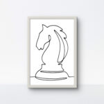 Minimalist black Knight chess piece rope art in a white frame against a clean white background.
