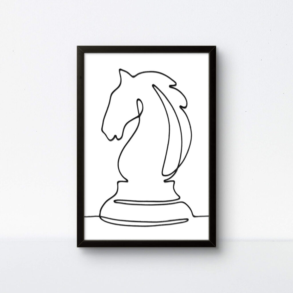 Bold black framed Chess Knight rope art on a white canvas for a high-contrast look.