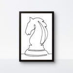 Bold black framed Chess Knight rope art on a white canvas for a high-contrast look.