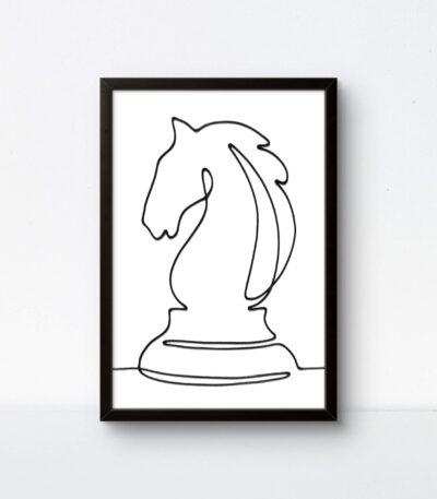Bold black framed Chess Knight rope art on a white canvas for a high-contrast look.