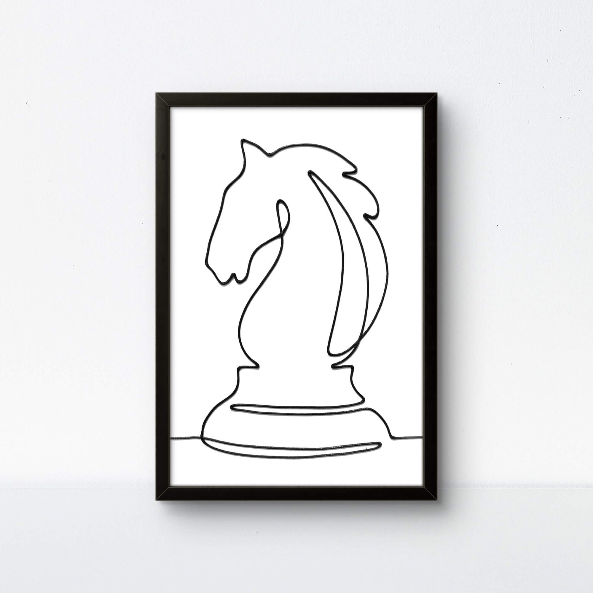 Bold black framed Chess Knight rope art on a white canvas for a high-contrast look.