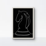 High-contrast white rope Chess Knight art on a black background encased in a premium white frame.