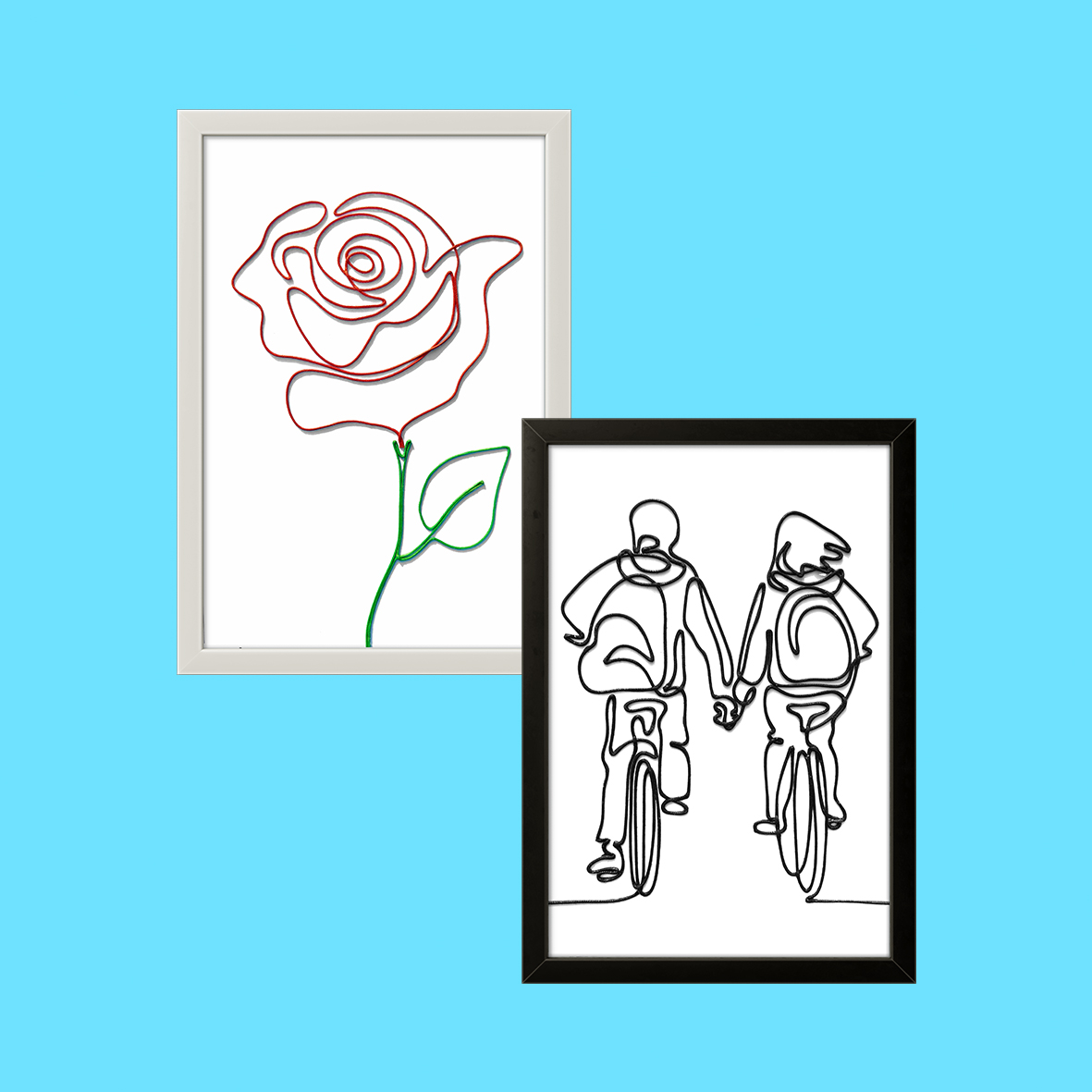 Minimalist handcrafted rope art frames featuring a colorful rose and a silhouette of a couple on bicycles made from a single continuous rope line.
