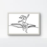 Minimalist black rope art of a girl flying on a book in a white frame against a clean white background.
