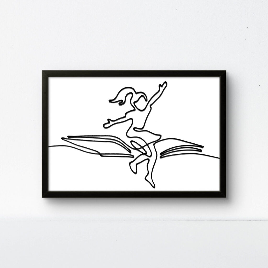 Bold black-framed rope art of a girl soaring on a book featuring minimalist line art on a white canvas.