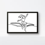 Bold black-framed rope art of a girl soaring on a book featuring minimalist line art on a white canvas.