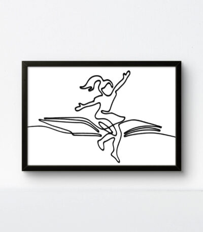 Bold black-framed rope art of a girl soaring on a book featuring minimalist line art on a white canvas.