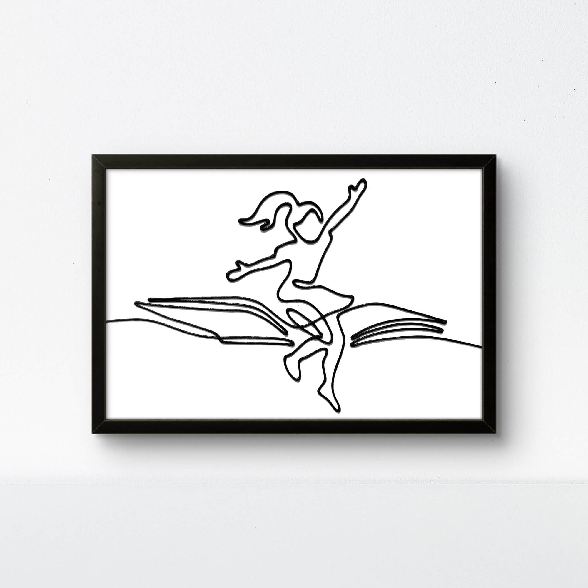Bold black-framed rope art of a girl soaring on a book featuring minimalist line art on a white canvas.