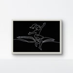 High-contrast white rope art of a girl flying on a book against a deep black background in a white frame.