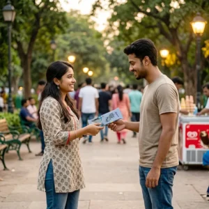 A young South Asian man in a beige t-shirt presenting a customized blue Cadbury chocolate bar to a smiling woman in a printed kurti on a bustling park pathway at dusk.